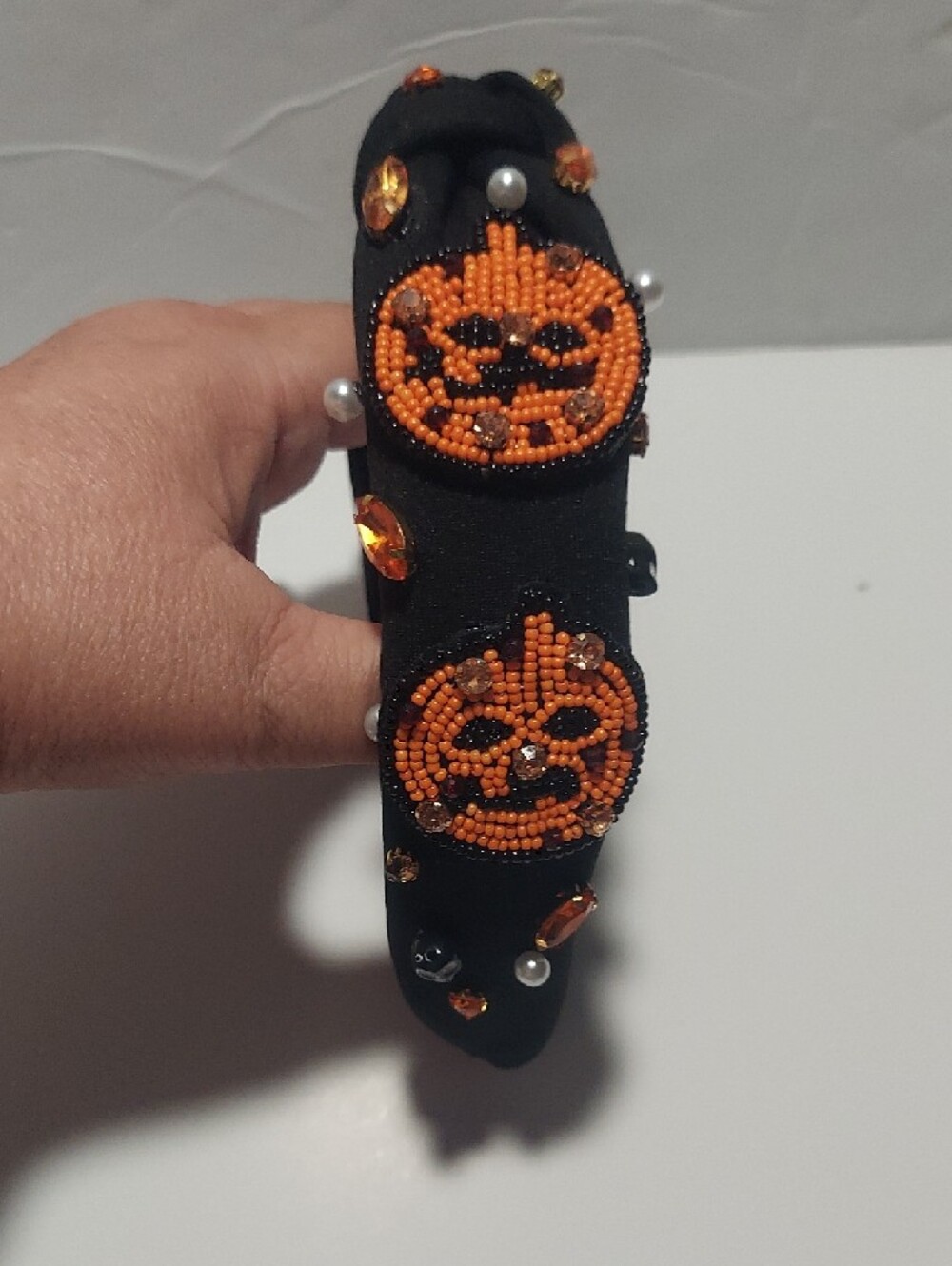 Halloween Embellished Knot Headband with Orange & Pearl Accents - Picture 3 of 5
